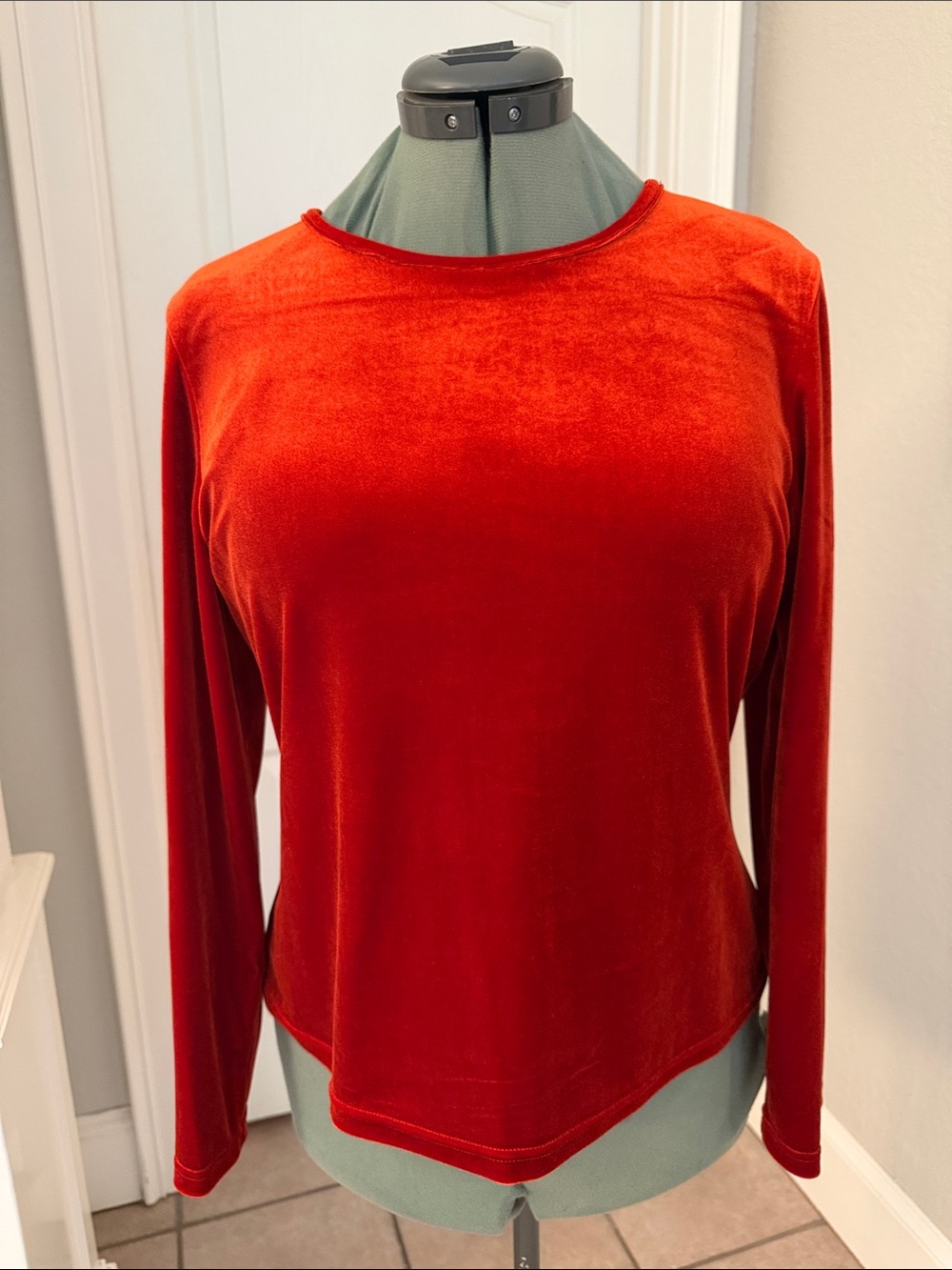 Dialogue Red/Orange Velvet Long Sleeve Crewneck Top